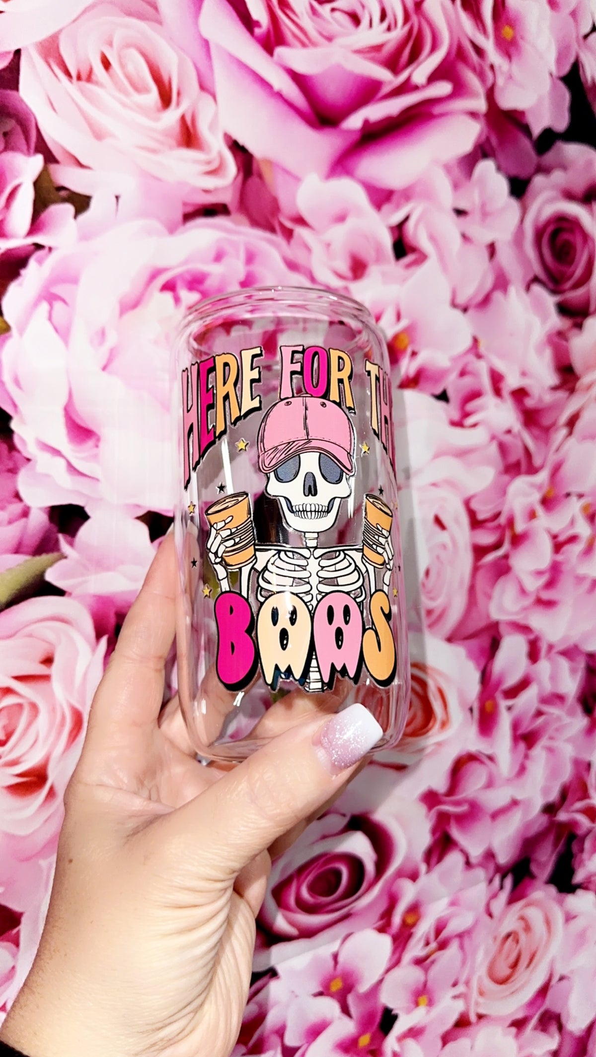 HERE FOR THE BOOS 16oz GLASS CUP/LID/STRAW