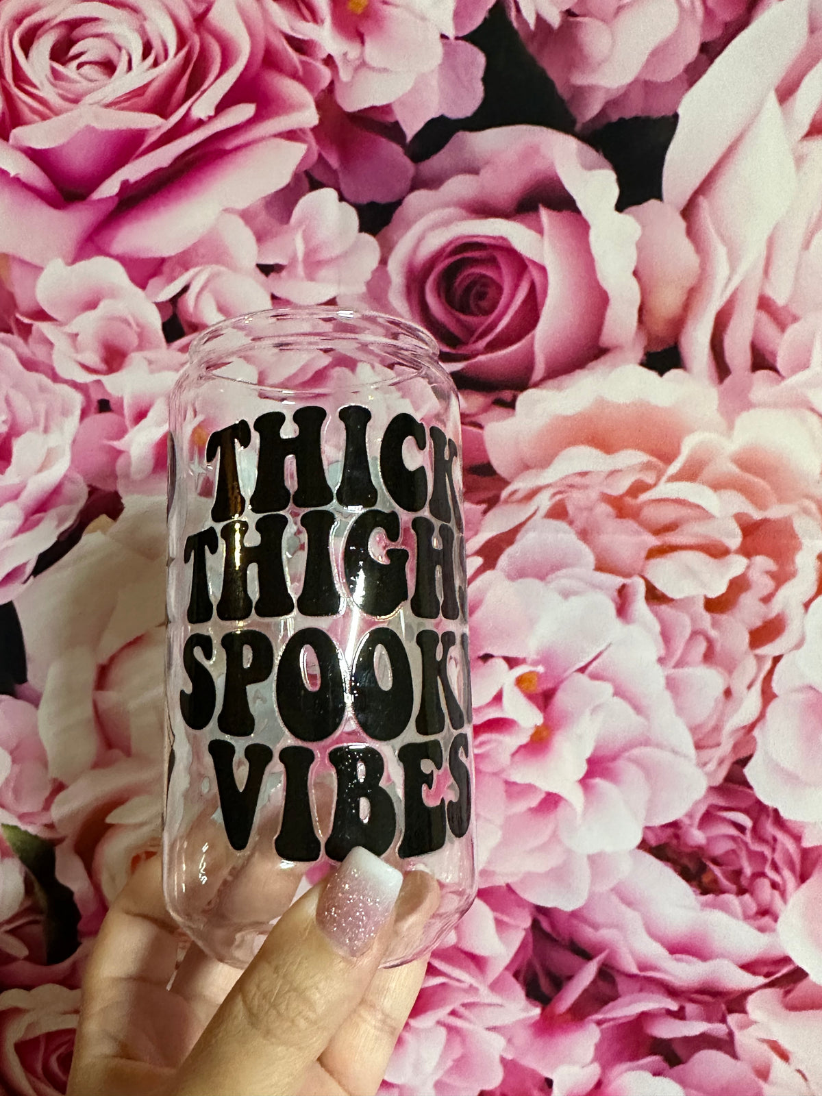THICK THIGHS SPOOKY VIBES 16oz CLEAR GLASS CUP/LID/STRAW