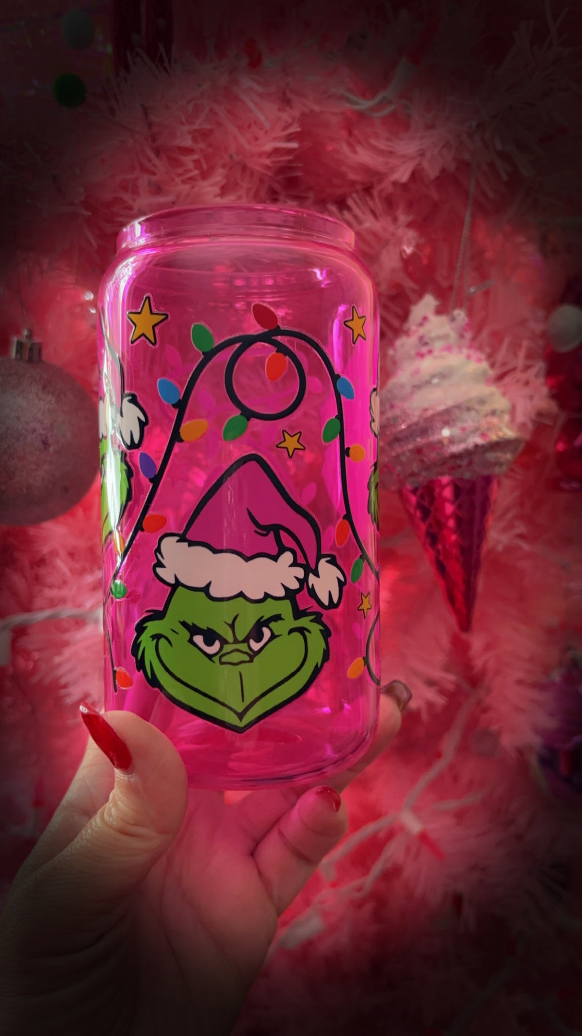Christmas lights green guy w/ pink hat 16oz Cup